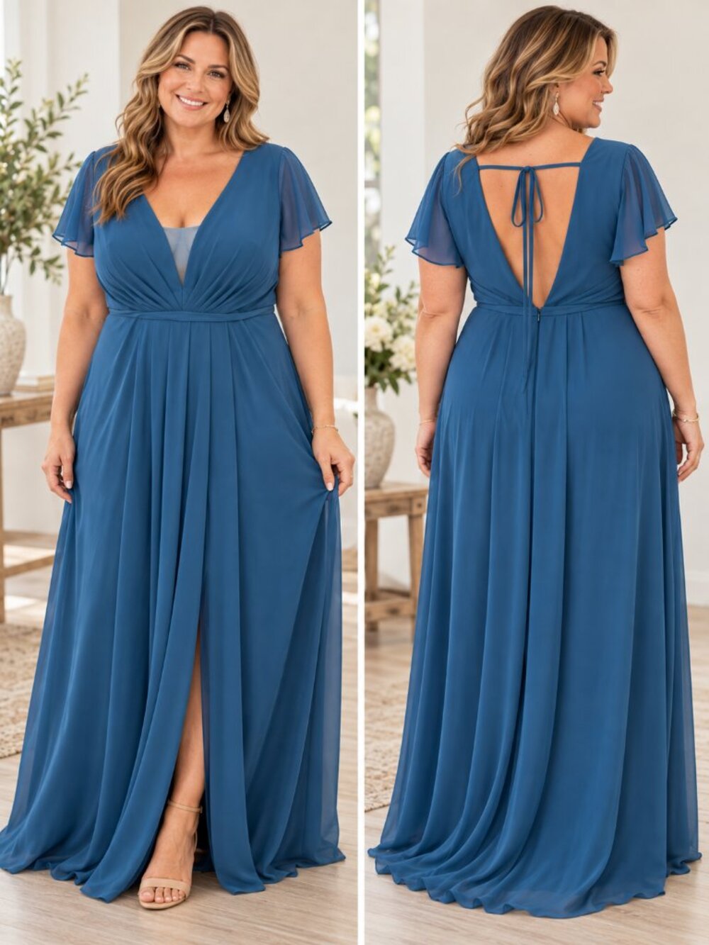 Azazie Blue Chiffon Flutter‎ Sleeve Open Back Bridesmaid Dress A20 Plus Size